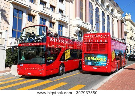 Monte-carlo, Monaco - March 12, 2019: Red Sightseeing Buses Ayats Bravo I In The City Street.