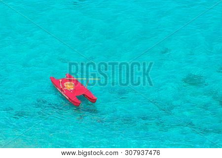 Aerial View Of Lifeguard Boat (salvataggio) In Beautiful Clear Tropical Sea Water From Tropea Italy 