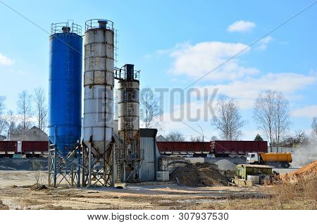 Concrete Batching Plant. Industrial Producing Cement For Construction. Cement Manufacturers Mine And