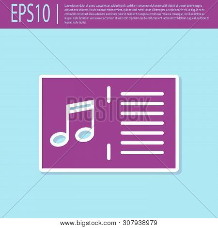 Retro Purple Music Book With Note Icon Isolated On Turquoise Background. Music Sheet With Note Stave