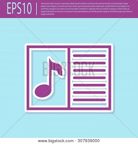 Retro Purple Music Book With Note Icon Isolated On Turquoise Background. Music Sheet With Note Stave