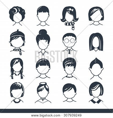 Set Of Avatar Or User Icons. Vector Illustration. Silhouettes Man And Woman. Adult, Youth And Child 