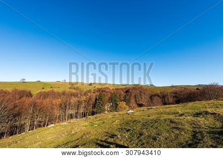 Lessinia Plateau In Autumn And Alps (carega Mountain Called Small Dolomites). Regional Natural Park 