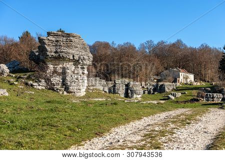 Limestone Monoliths. Unusual Karst Erosion Formations In The Regional Natural Park Of Lessinia (vall