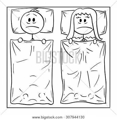 Vector Cartoon Stick Figure Drawing Conceptual Illustration Of Couple Lying In Bed, Man And Woman Ca