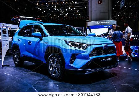 Geneva, Switzerland - March 10, 2019: Motor Car Toyota Rav4 Hybrid Presented At The Annual Geneva In