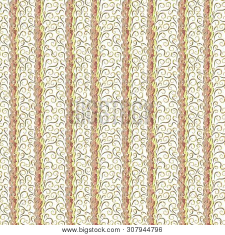 Modern Striped Vector Seamless Pattern. Abstract Brush Strokes And Golden Curls On White Background.
