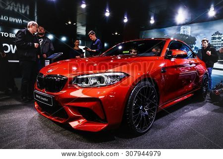 Geneva, Switzerland - March 11, 2019: Red Sports Car Bmw M2 Competition (f87) Presented At The Annua