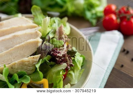 Healthy Food, Mix Fresh Vegetable Salad Toppped With Skinless Boiled Chicken Breast