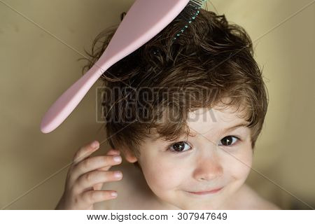 Hairstyle For A Child. Baby With A Comb. Stylish Boy. Combing Hair. Barbershop. Beauty Saloon. Cute 