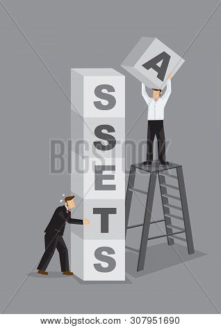 Business Professionals Working Tirelessly To Stack Up Blocks With Alphabets That Read Assets. Creati