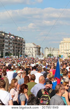 Prague, Czech Republic - June 23 2019: Crowd Of People Protests Against Prime Minister Babis And Min