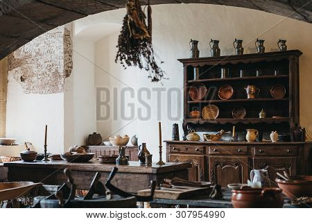 Vianden, Luxembourg - May 18, 2019: Recreated Exhibit Of Medieval Kitchen Inside Vianden Castle, Lux