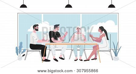 Vector Illustration Of A Corporate Business Team Or Managers On A Meeting Discussing With Colleagues