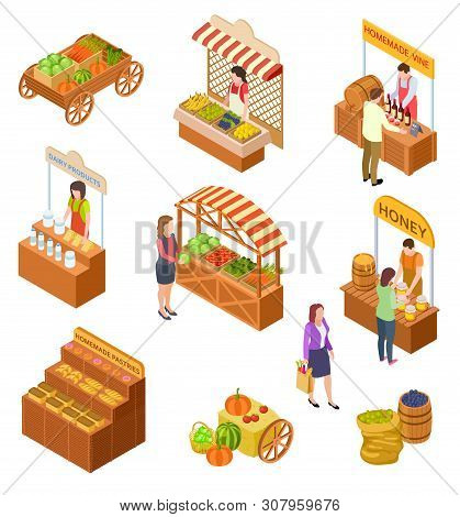 Farmers Market Isometric. People Sell And Buy Traditional Meal, Vegetables And Fruit On Food Marketp