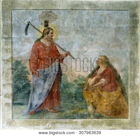 FLORENCE, ITALY - JANUARY 10, 2019: Risen Christ appearing to St. Mary Magdalene, fresco by circle of Giovanni da San Giovanni, Basilica di Santa Croce (Basilica of the Holy Cross) in Florence, Italy