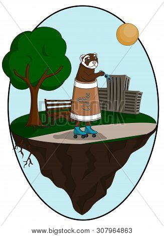 Illustration Of Ferret Dressed In A Coffee Cup And On Rollers On Plot Of Land With Tree And Building