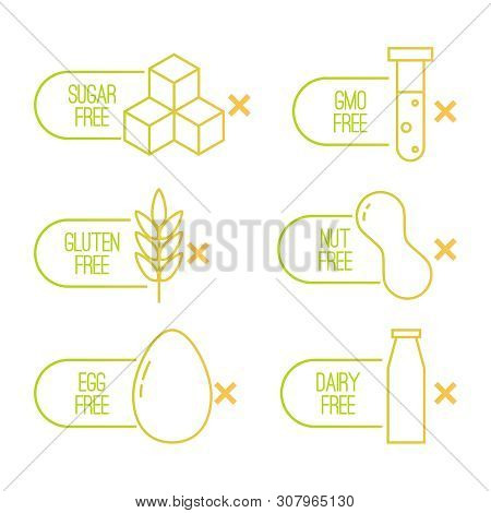 Vector Set Of Food Diet Labels For Non Gmo Foods, Sugar And Allergens. Icons In Linear Style.