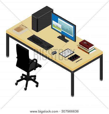 Working Place Desk And Armchair. Computer, Laptop, Printer , Graphic Tablet, Camera And Notebook On