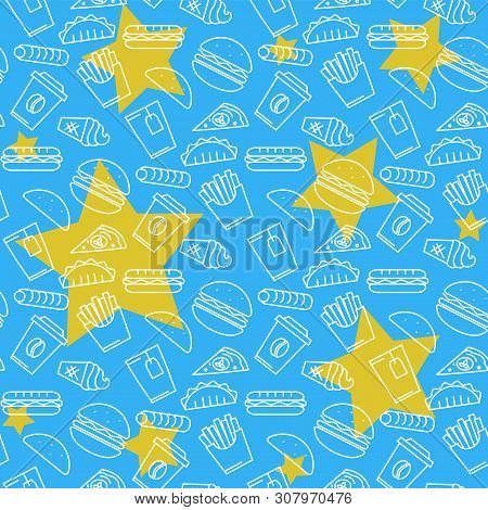 Vector White Fast Food Icons Seamless Pattern , Sign, Symbol, Pictogram In Outline Style Isolated On