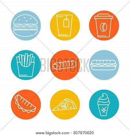 Vector Fast Food Icons Set , Sign, Symbol, Pictogram In Outline Style Isolated On A White   In Circl