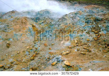 Fumarole Field In Namafjall, Iceland. Geothermal Beauty Landscape.