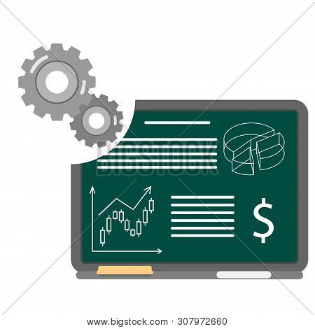 Fflat Icon Of Flat Board With Business Presentation And Graphs On It And Gear Wheel Symbol In The Co
