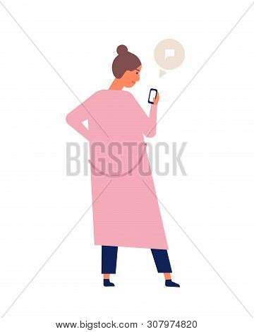 Cute Young Woman Or Teenager Chatting Or Texting On Smartphone Or Electronic Gadget. Girl Surfing In
