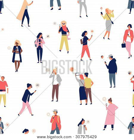 Seamless Pattern With Crowd Of People Using Smartphones Or Mobile Phones With Messengers. Backdrop W