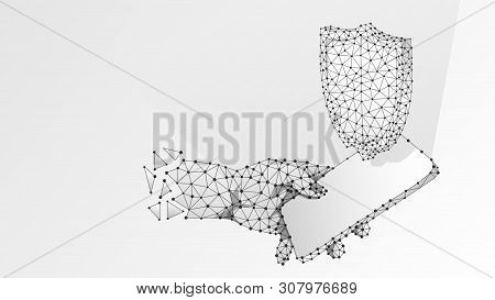 Phone In A Hand, Security Shield On Mobile Screen. Gadget Protection Concept. Abstract, Digital, Wir