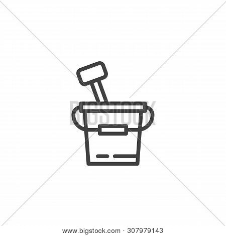 Sand Bucket And Spade Line Icon. Linear Style Sign For Mobile Concept And Web Design. Toy Bucket Wit