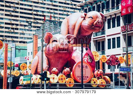 SINGAPORE, SINGAPORE - MARCH 2019: Pig statues in Singapore Chinatown for year of the pig