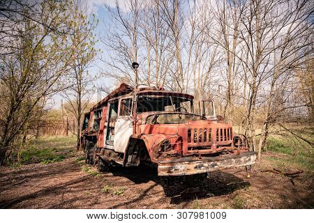 Old Rusty Abandoned Soviet Fire Truck In Chernobyl Exclusion Zone Ukraine