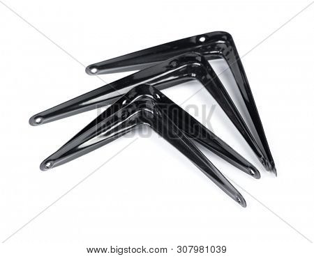 Group of  metallic angle fixators. Mounting angle corners metal brackets isolated on white background
