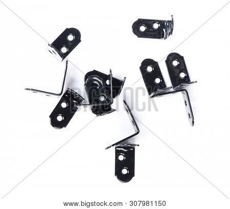 Group of  black metallic angle fixators. Mounting metal angle corners brackets isolated on white background