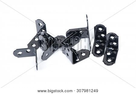 Group of  black metallic angle fixators. Mounting metal angle corners brackets isolated on white background