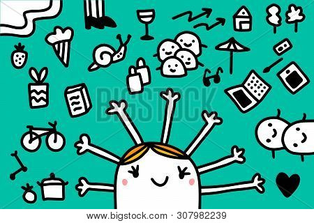 Woman And Many Hands Vector Illustration In Cartoon Style Minimalism Summer Fun Kids Clothes Food Cy