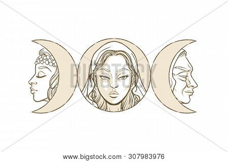 Triple Goddess As Maiden, Mother And Crone, Beautiful Woman, Symbol Of Moon Phases. Hekate, Mytholog