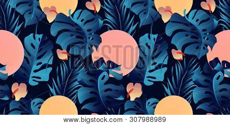 Tropical Plant Seamless Pattern, Heliconia, Palm, Anthurium And Split Leaf Philodendron In Blue Tone