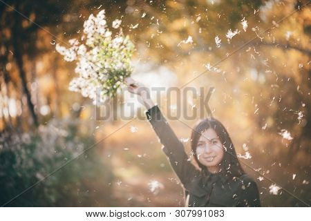 Dreamy Beautiful Girl In White Fluff On Bokeh Background With Yellow Leaves In Golden Sunlight. Insp