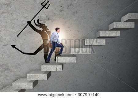 Businessman with alter ego climbing career ladder