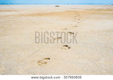 Traces Of Human Legs Stretching Into The Sand On The Coastal Shallows Of The Salty Lake Baskunchak. 