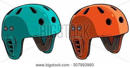 Cartoon Colorful Plastic Protective Skateboard Or Bicycle Helmet. Isolated On White Background. Vect