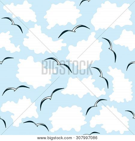 Seamless Pattern With Seagulls And Clouds. Flat Style Repeat Background.