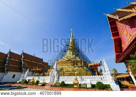 Phra That Chae Haeng Temple Nan Province, Thailand, It Is Being Renovated Annually And Important Tou