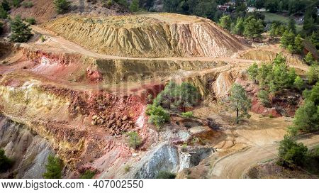 Sulfide Deposits In Kokkinopezoula Open-pit Mine In Mitsero, Cyprus. Aerial View On Colorful Landsca