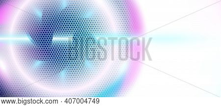 Light Blue Abstract Background Textured By Hexagons, Ufo Circle Blurred Interface With Hexs. Technol
