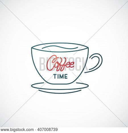 Coffee Cup Line Icon Isolated On White Background. Coffee Time Lettering. Cafe Emblem. Stock Vector 