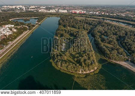Aerial Drone Shot Of Tesla Tower In Jarun Lake In Southeast Zagreb In Croatia