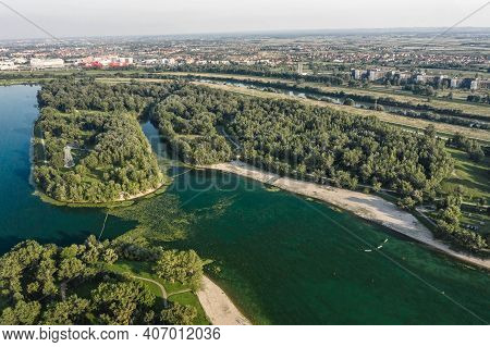 Aerial Drone Shot Of Fkk Beach At Lake Jarun In Southeast Zagreb In Croatia